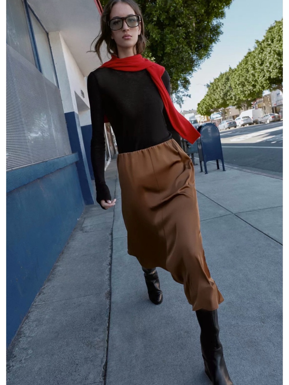 Zara Brown Satin Midi Skirt with Elastic Waist